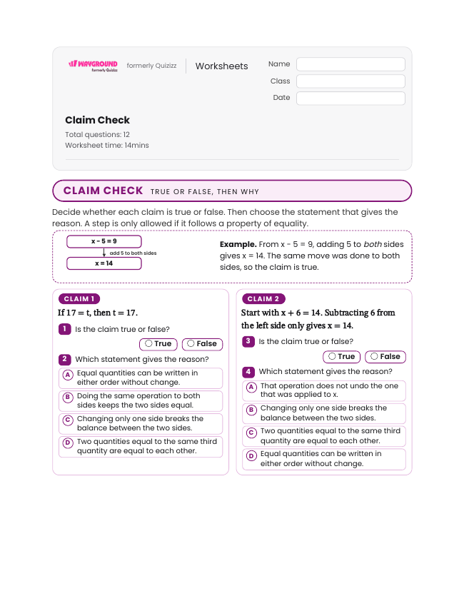 Claim Check - Printable Properties-of-equality Worksheets - Wayground