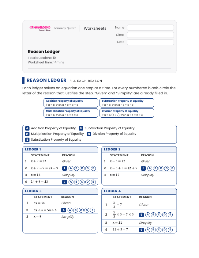 Reason Ledger - Printable Properties-of-equality Worksheets - Wayground
