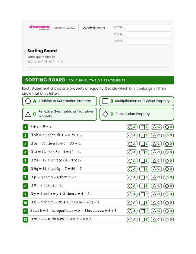 Sorting Board - Printable Properties-of-equality Worksheets - Wayground