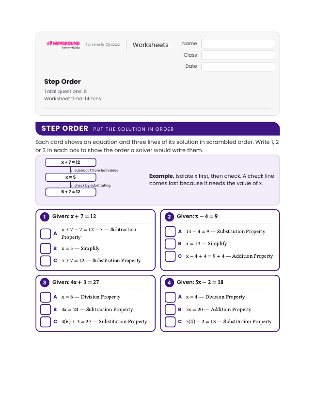 Step Order - Printable Properties-of-equality Worksheets - Wayground