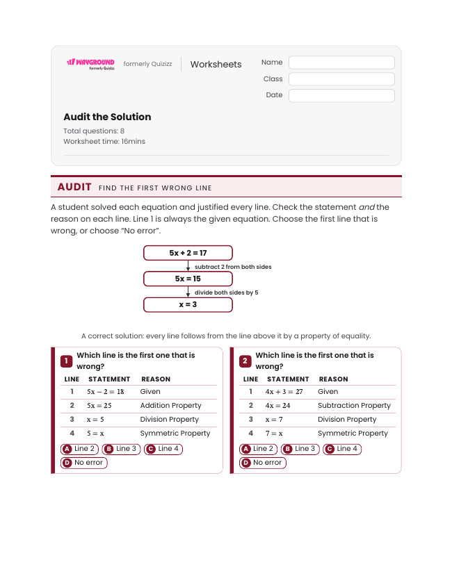 Audit the Solution - Printable Properties-of-equality Worksheets - Wayground