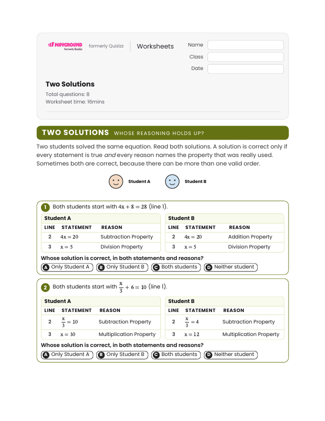 Two Solutions - Printable Properties-of-equality Worksheets - Wayground