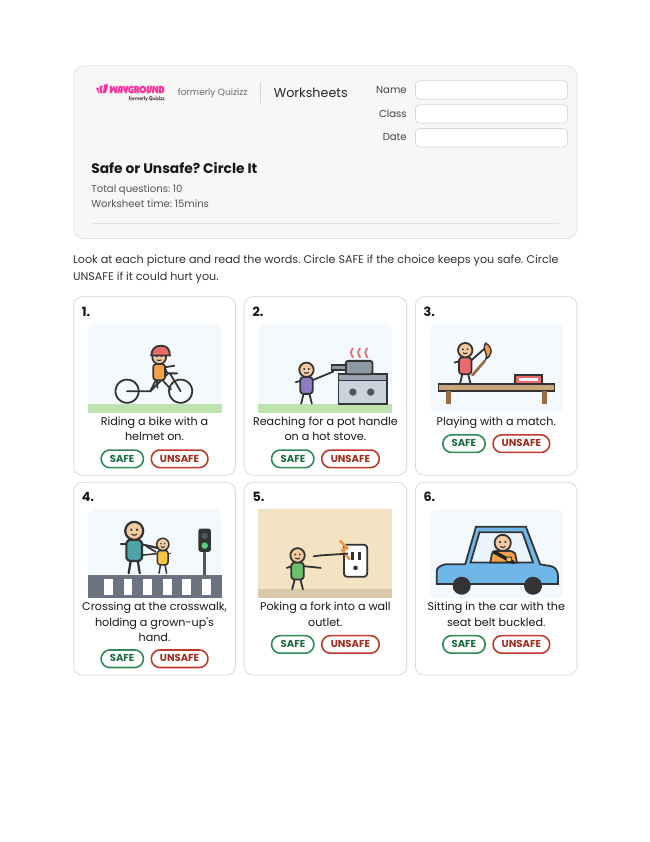 Safe or Unsafe? Circle It - Printable Safe-and-unsafe-situations Worksheets - Wayground