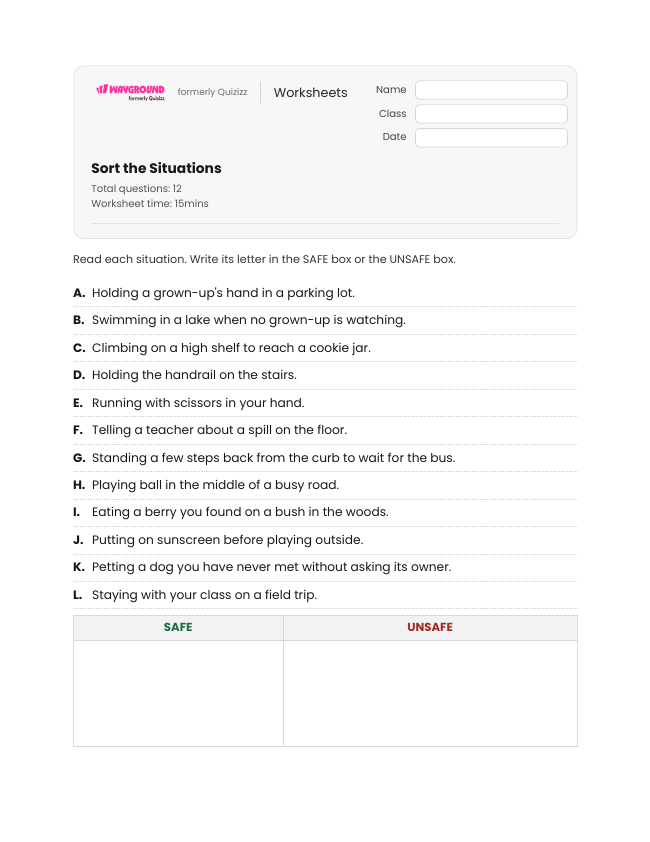 Sort the Situations - Printable Safe-and-unsafe-situations Worksheets - Wayground