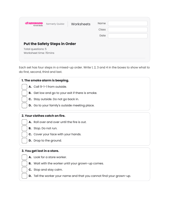 Put the Safety Steps in Order - Printable Safe-and-unsafe-situations Worksheets - Wayground