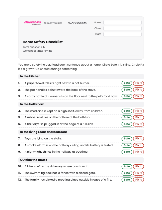 Home Safety Checklist - Printable Safe-and-unsafe-situations Worksheets - Wayground
