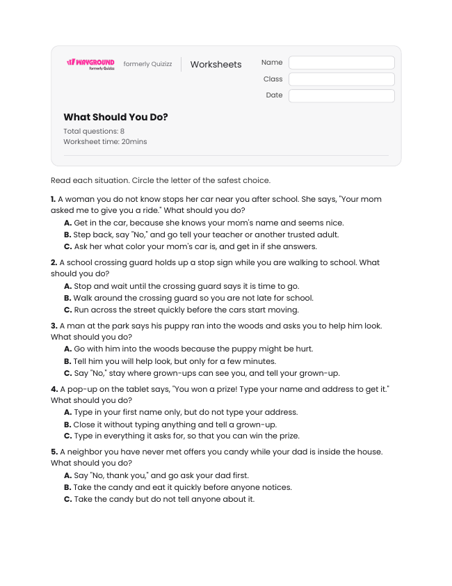 What Should You Do? - Printable Safe-and-unsafe-situations Worksheets - Wayground
