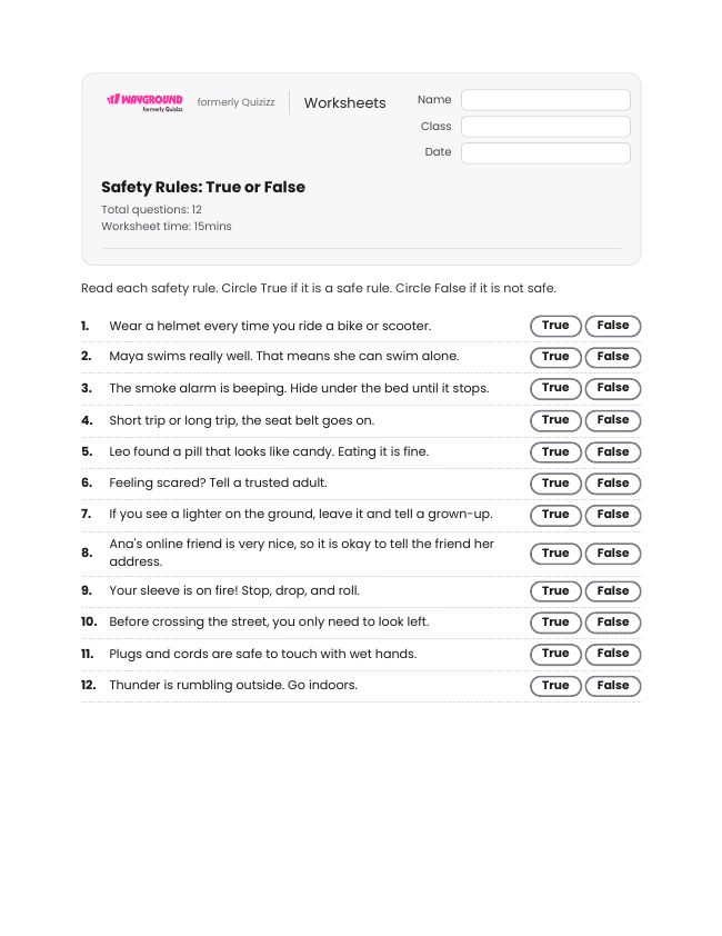 Safety Rules: True or False - Printable Safe-and-unsafe-situations Worksheets - Wayground