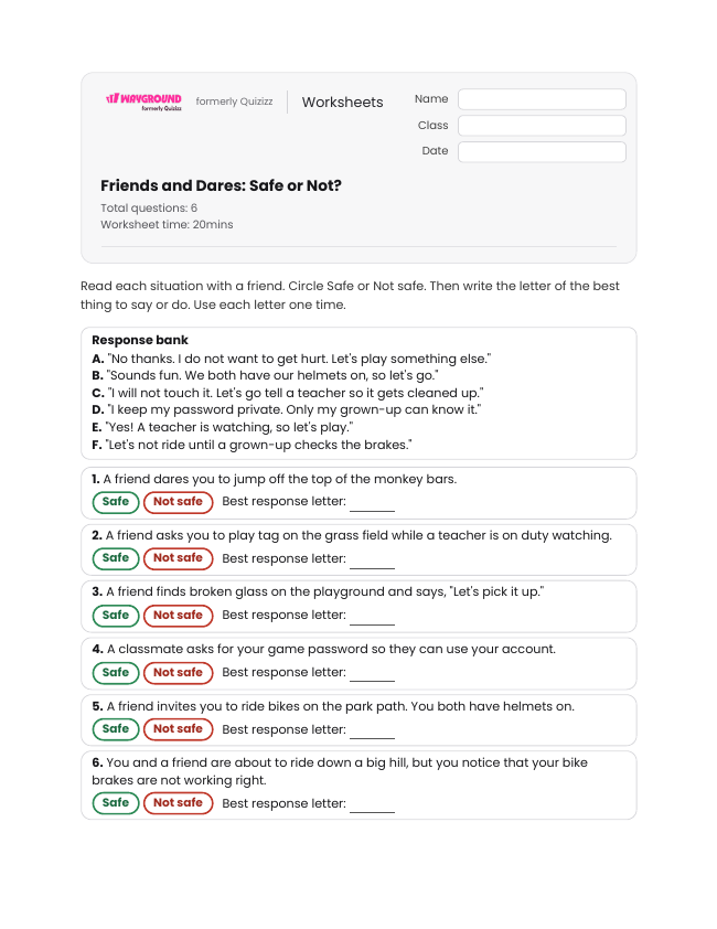 Friends and Dares: Safe or Not? - Printable Safe-and-unsafe-situations Worksheets - Wayground