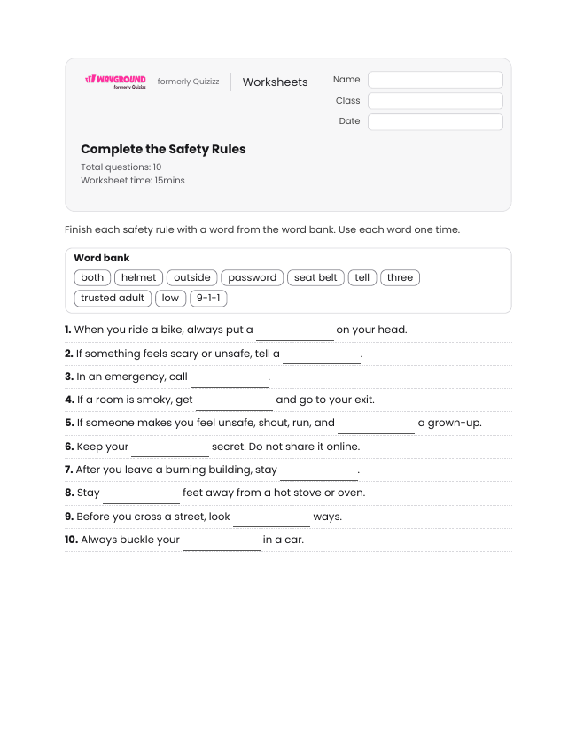 Complete the Safety Rules - Printable Safe-and-unsafe-situations Worksheets - Wayground