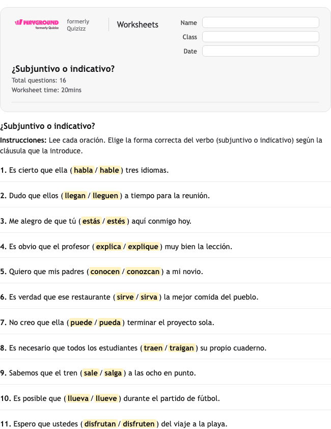 ¿Subjuntivo o indicativo? - Dapat dicetak Spanyol Lembar-kerja Kelas 10 - Wayground