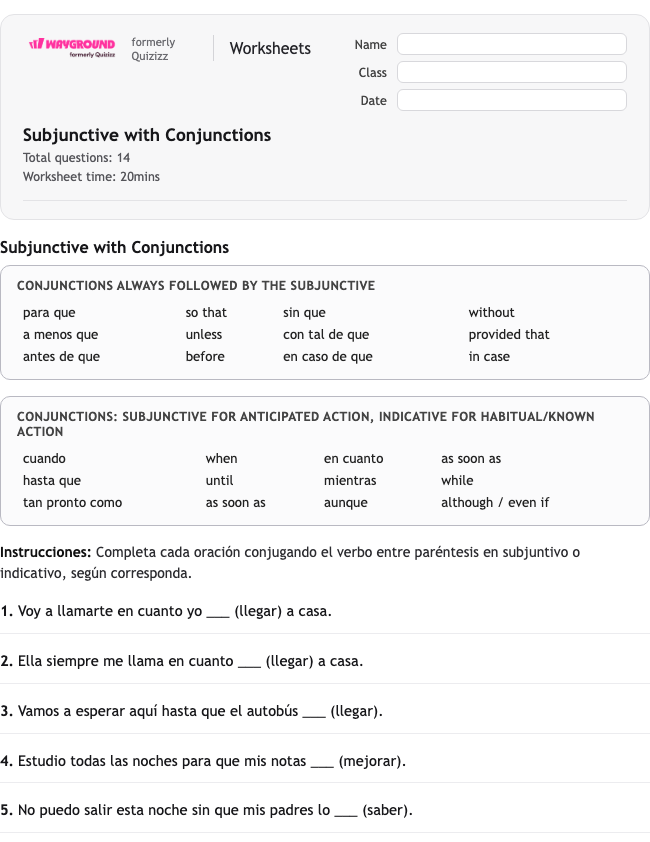 Subjunctive with Conjunctions - Dapat dicetak Spanyol Lembar-kerja Kelas 10 - Wayground