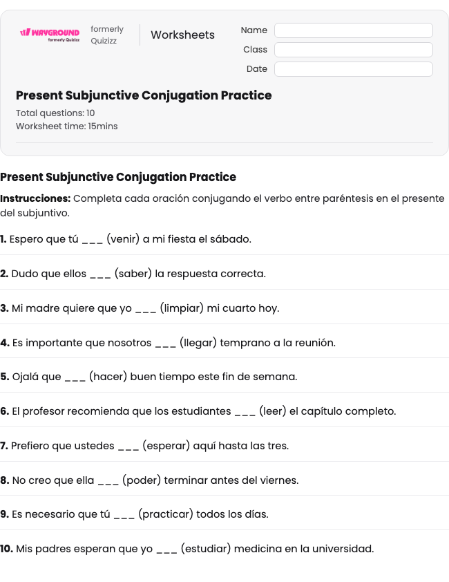 Present Subjunctive Conjugation Practice - Dapat dicetak Spanyol Lembar-kerja Kelas 10 - Wayground