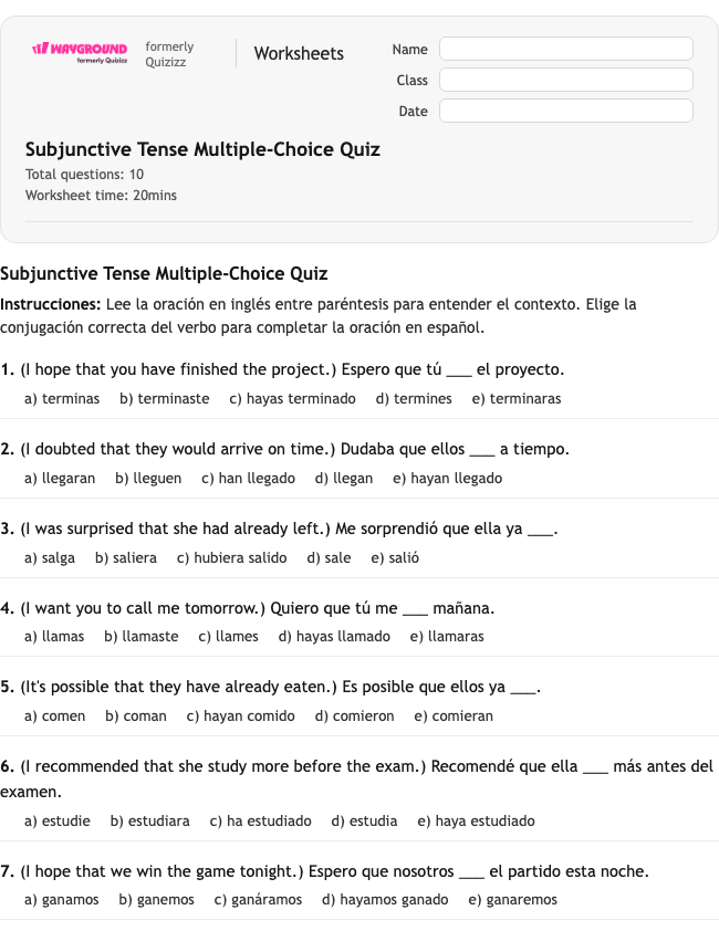Subjunctive Tense Multiple-Choice Quiz - Dapat dicetak Spanyol Lembar-kerja Kelas 10 - Wayground