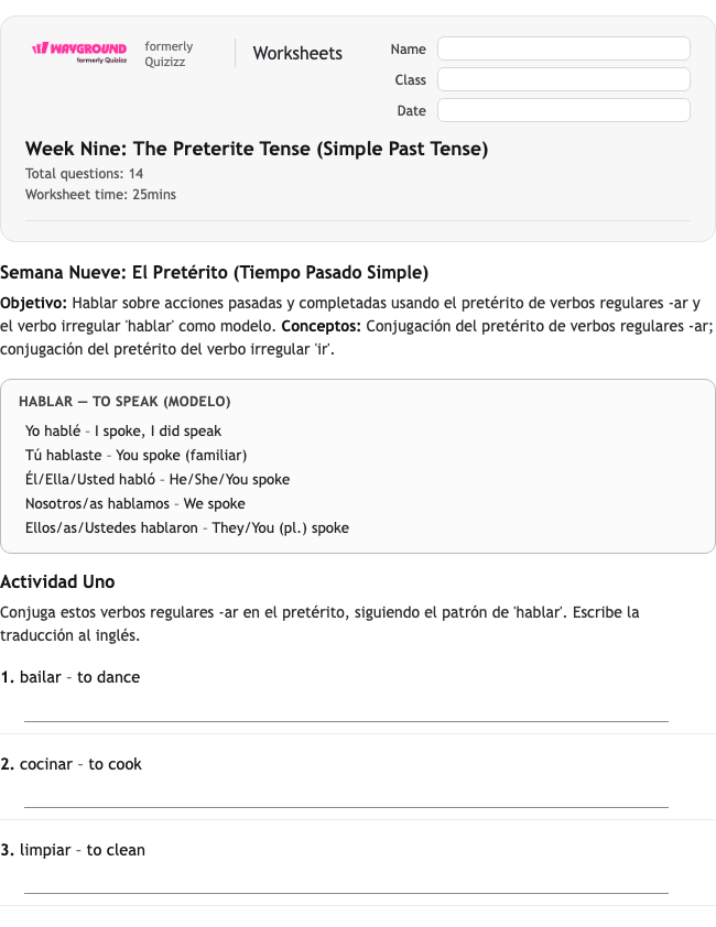 Week Nine: The Preterite Tense (Simple Past Tense) - Dapat dicetak Spanyol Lembar-kerja Kelas 10 - Wayground