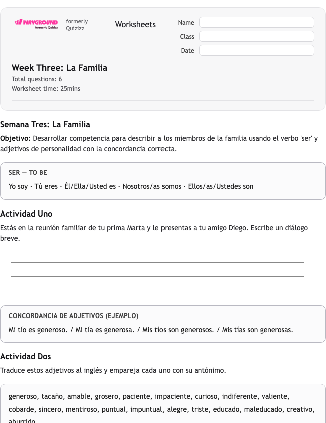 Week Three: La Familia - Dapat dicetak Spanyol Lembar-kerja Kelas 10 - Wayground