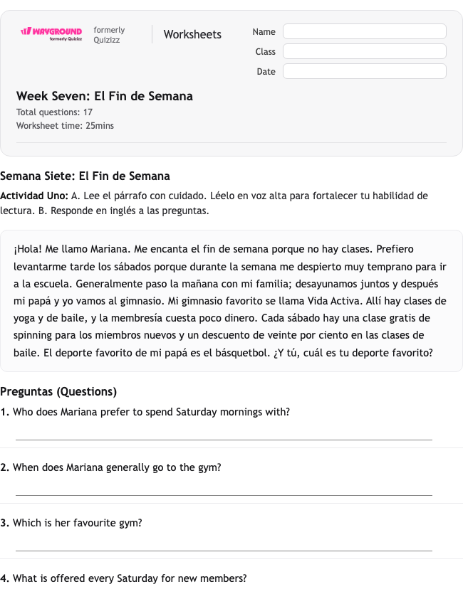 Week Seven: El Fin de Semana - Dapat dicetak Spanyol Lembar-kerja Kelas 10 - Wayground