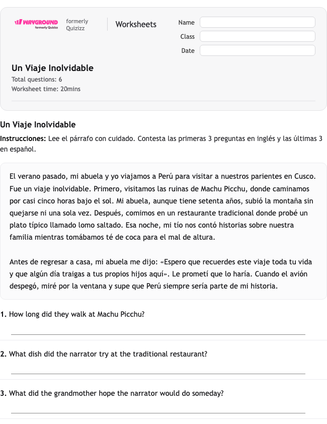 Un Viaje Inolvidable - Dapat dicetak Spanyol Lembar-kerja Kelas 10 - Wayground