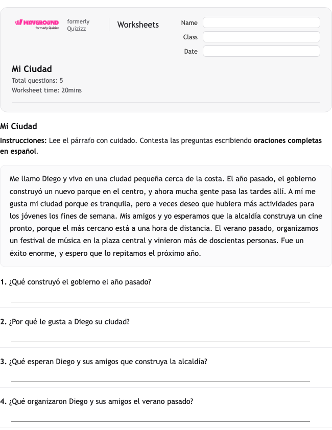 Mi Ciudad - Dapat dicetak Spanyol Lembar-kerja Kelas 10 - Wayground