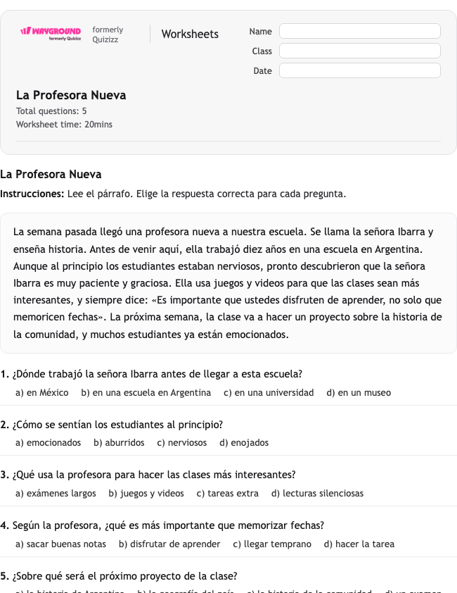 La Profesora Nueva - Dapat dicetak Spanyol Lembar-kerja Kelas 10 - Wayground
