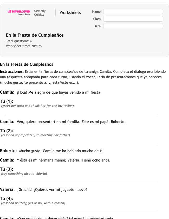 En la Fiesta de Cumpleaños - Dapat dicetak Spanyol Lembar-kerja Kelas 10 - Wayground