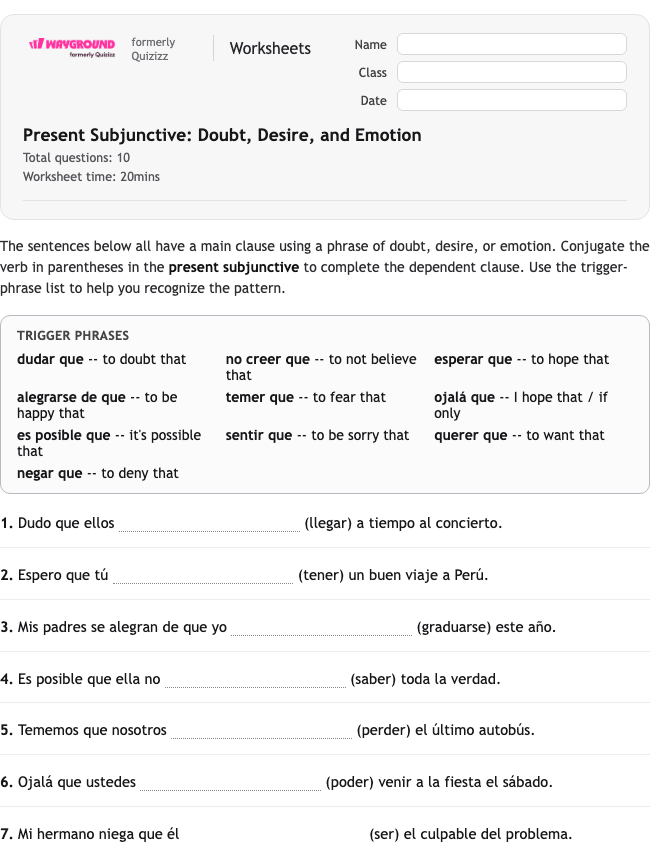 Present Subjunctive: Doubt, Desire, and Emotion - Printable Spanyol Lembar-kerja Kelas 11 - Wayground