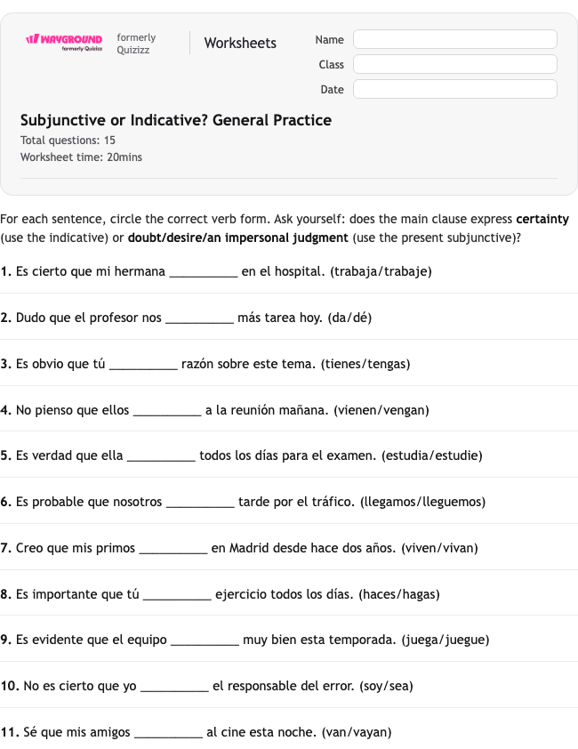Subjunctive or Indicative? General Practice - Printable Spanyol Lembar-kerja Kelas 11 - Wayground