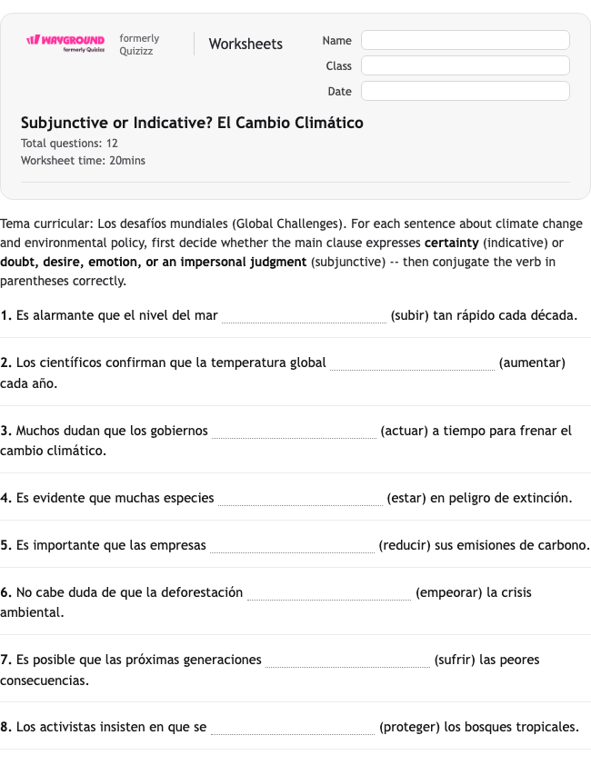 Subjunctive or Indicative? El Cambio Climático - Printable Spanyol Lembar-kerja Kelas 11 - Wayground