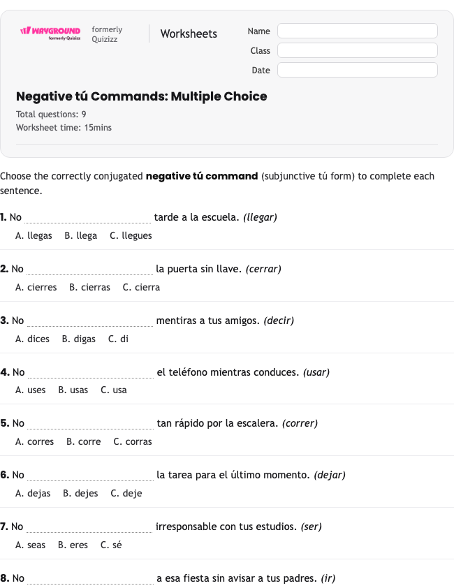 Negative tú Commands: Multiple Choice - Printable Spanyol Lembar-kerja Kelas 11 - Wayground