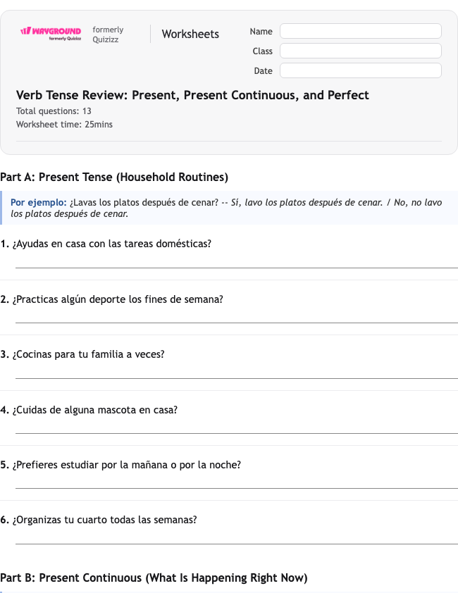 Verb Tense Review: Present, Present Continuous, and Perfect - Printable Spanyol Lembar-kerja Kelas 11 - Wayground