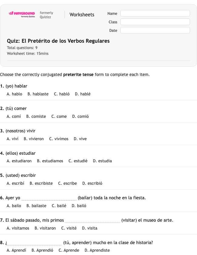 Quiz: El Pretérito de los Verbos Regulares - Printable Spanyol Lembar-kerja Kelas 11 - Wayground