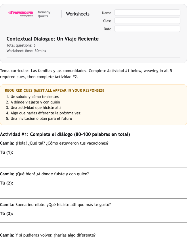 Contextual Dialogue: Un Viaje Reciente - Printable Spanyol Lembar-kerja Kelas 11 - Wayground