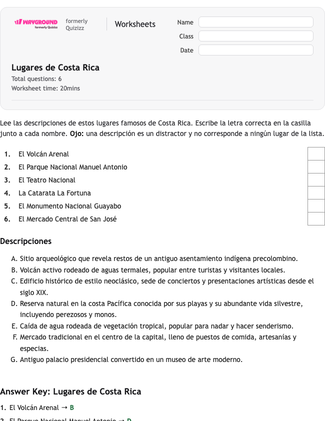 Lugares de Costa Rica - Printable Spanyol Lembar-kerja Kelas 11 - Wayground