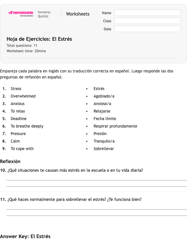 Hoja de Ejercicios: El Estrés - Printable Spanyol Lembar-kerja Kelas 11 - Wayground