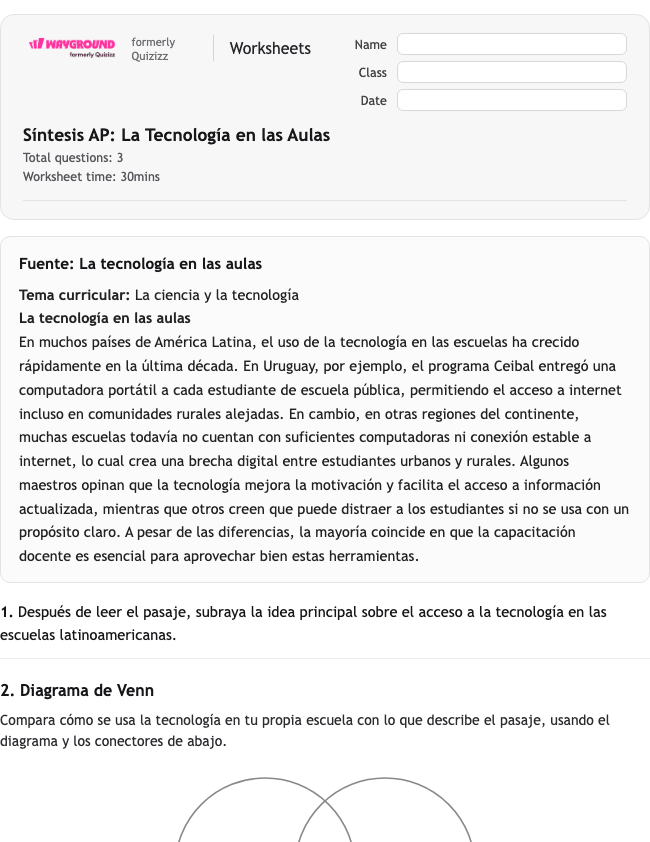 Síntesis AP: La Tecnología en las Aulas - Printable Spanyol Lembar-kerja Kelas 11 - Wayground