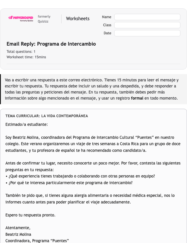 Email Reply: Programa de Intercambio - Dapat dicetak Spanyol Lembar-kerja Kelas 12 - Wayground