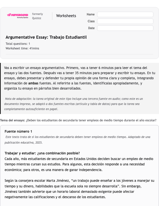 Argumentative Essay: Trabajo Estudiantil - Dapat dicetak Spanyol Lembar-kerja Kelas 12 - Wayground