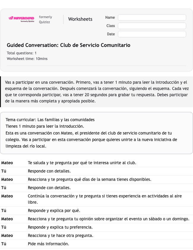 Guided Conversation: Club de Servicio Comunitario - Dapat dicetak Spanyol Lembar-kerja Kelas 12 - Wayground