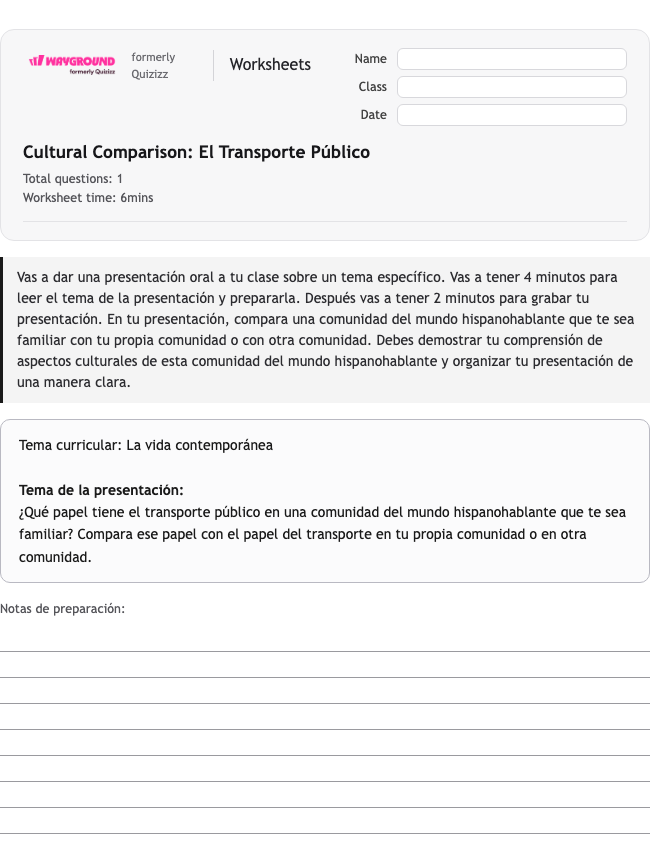 Cultural Comparison: El Transporte Público - Dapat dicetak Spanyol Lembar-kerja Kelas 12 - Wayground