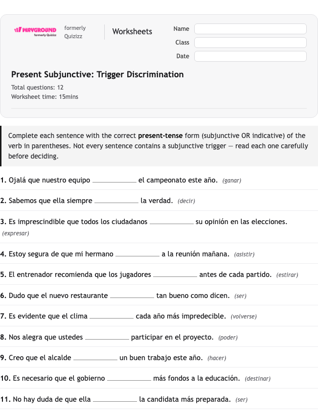 Present Subjunctive: Trigger Discrimination - Dapat dicetak Spanyol Lembar-kerja Kelas 12 - Wayground
