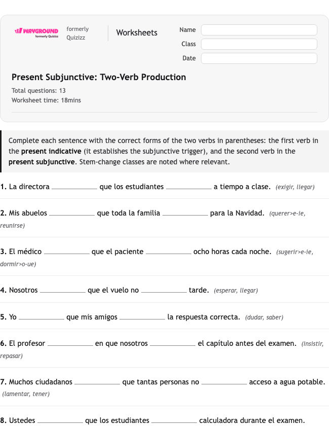 Present Subjunctive: Two-Verb Production - Dapat dicetak Spanyol Lembar-kerja Kelas 12 - Wayground