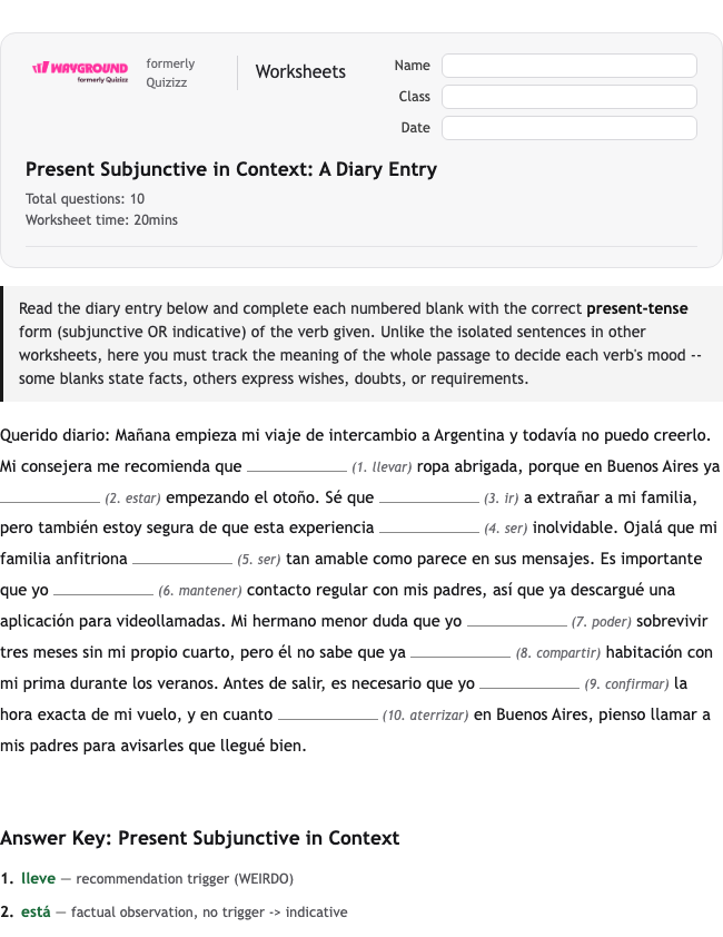 Present Subjunctive in Context: A Diary Entry - Dapat dicetak Spanyol Lembar-kerja Kelas 12 - Wayground
