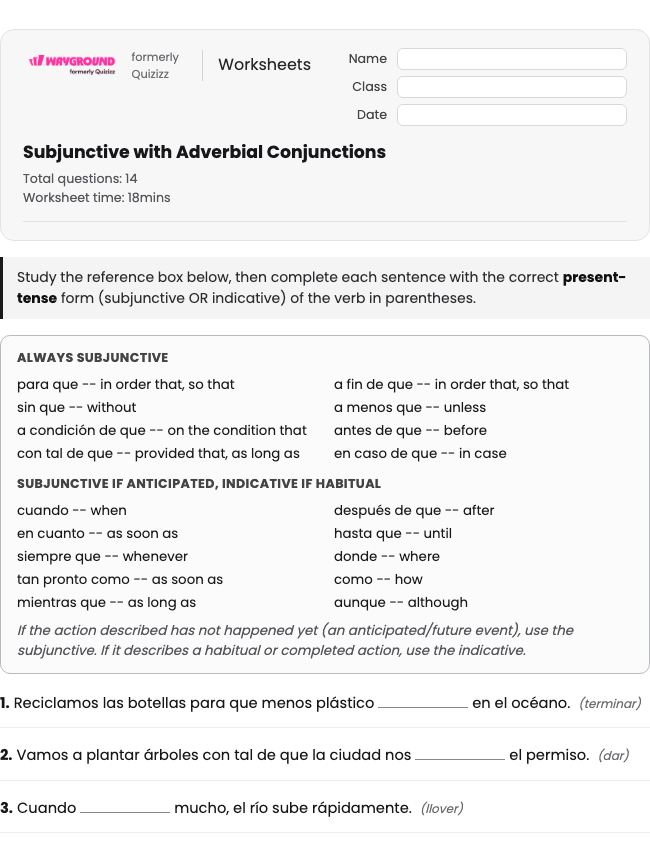 Subjunctive with Adverbial Conjunctions - Dapat dicetak Spanyol Lembar-kerja Kelas 12 - Wayground