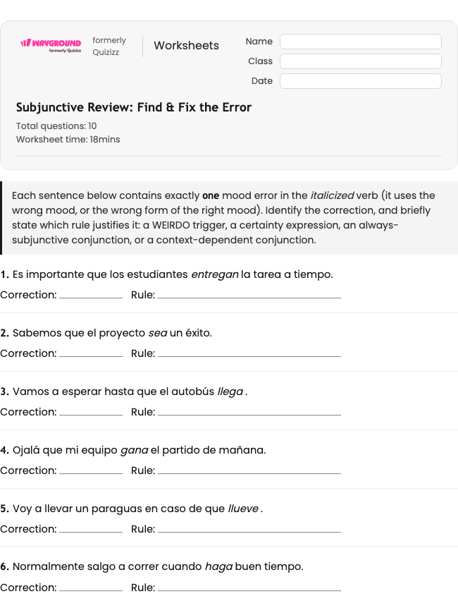 Subjunctive Review: Find and Fix the Error - Dapat dicetak Spanyol Lembar-kerja Kelas 12 - Wayground