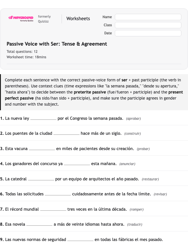 Passive Voice with Ser: Tense and Agreement - Dapat dicetak Spanyol Lembar-kerja Kelas 12 - Wayground