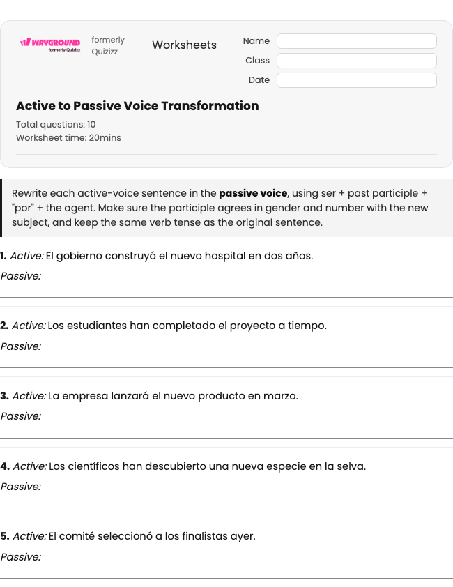 Active to Passive Voice Transformation - Dapat dicetak Spanyol Lembar-kerja Kelas 12 - Wayground