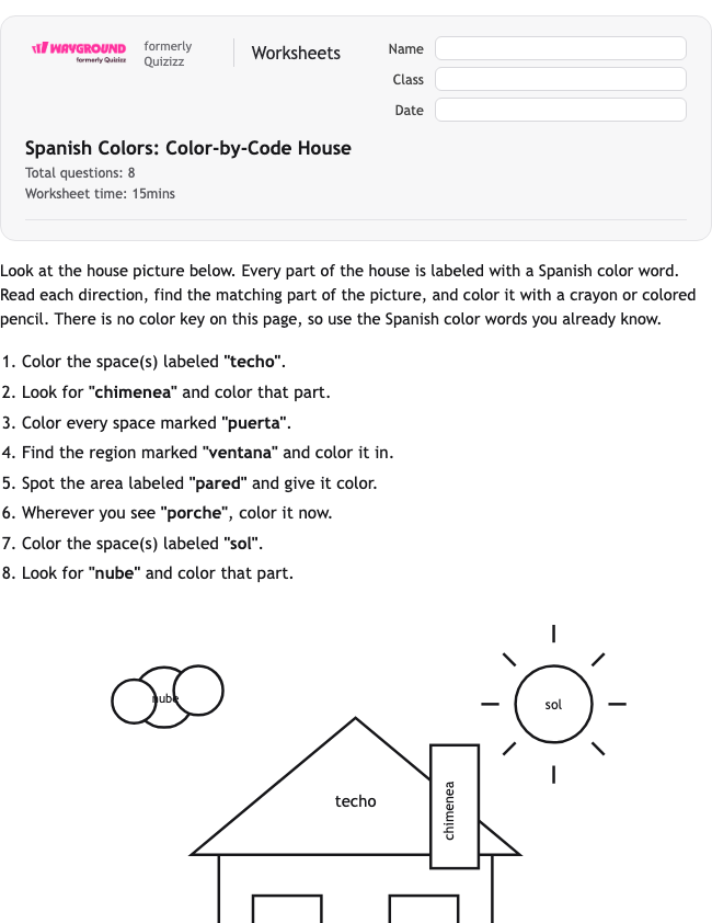 Spanish Colors: Color-by-Code House - Printable Spanyol Lembar-kerja Kelas 1 - Wayground
