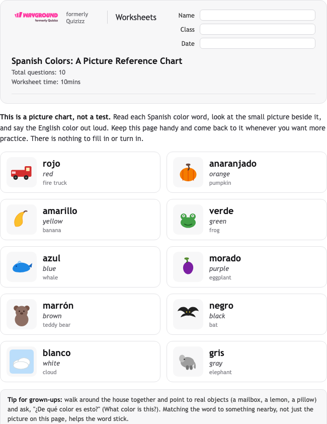 Spanish Colors: A Picture Reference Chart - Printable Spanyol Lembar-kerja Kelas 1 - Wayground