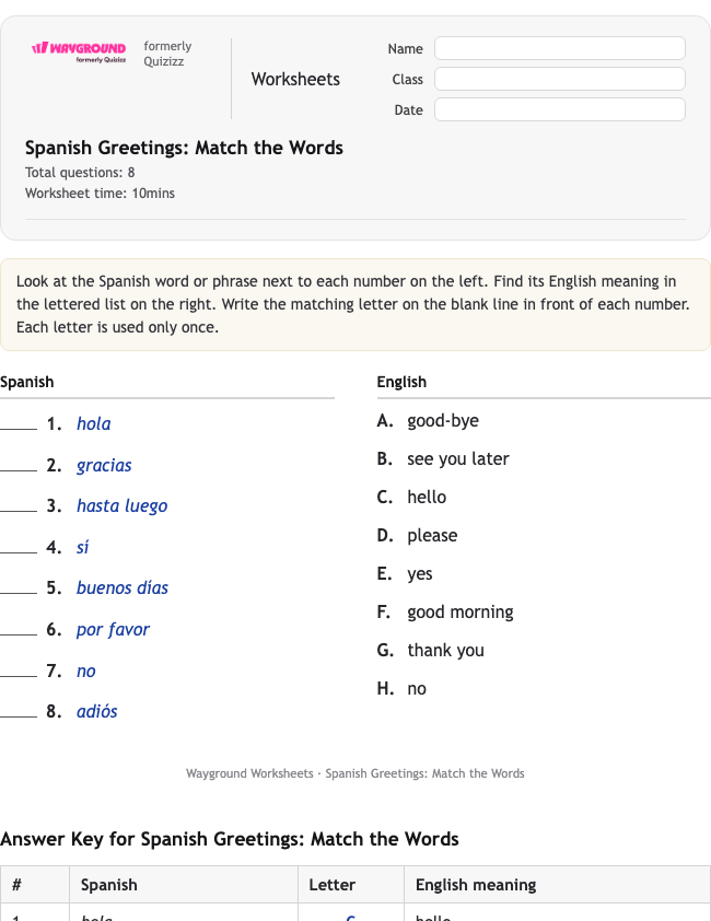 Spanish Greetings: Match the Words - Printable Spanyol Lembar-kerja Kelas 1 - Wayground