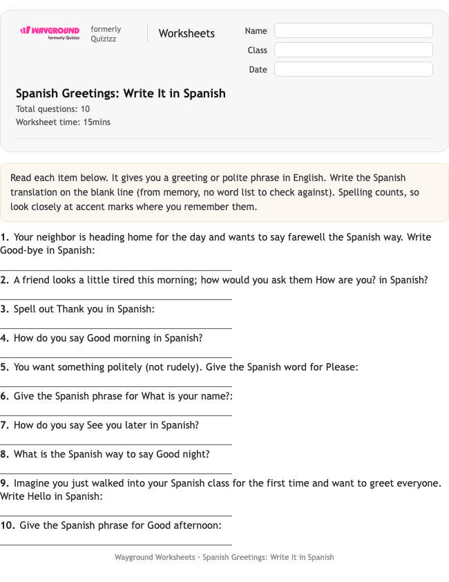 Spanish Greetings: Write It in Spanish - Printable Spanyol Lembar-kerja Kelas 1 - Wayground